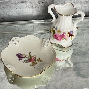 Vintage Bone China Mini, Handled Vase & Perforated Mini Plate / Dish, Florals